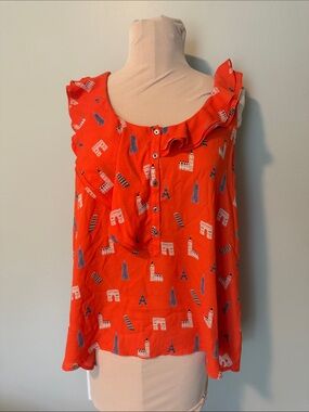 Maeve Bright Red Ruffle-Sleeve Travel Print Tank